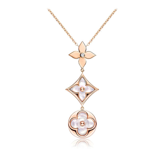 [Renovia Jewelry]COLOR BLOSSOM LARIAT NECKLACE PINK GOLD WHITE MOTHER PEARL AND DIAMOND